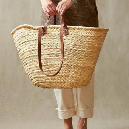 Handgemaakte Rieten Tas met Leren Handvatten