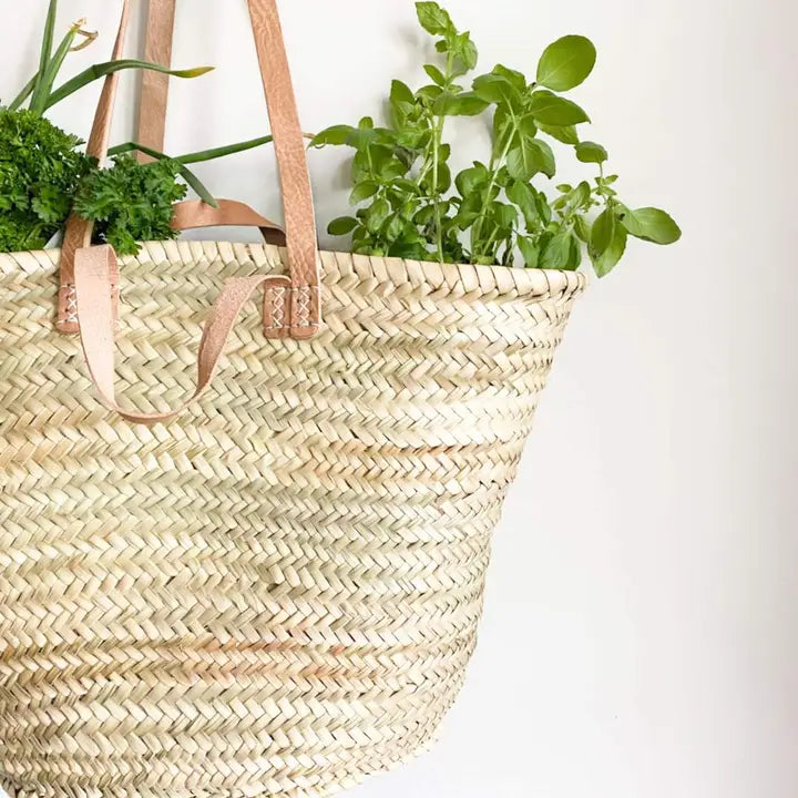 Handgemaakte Rieten Tas met Leren Handvatten