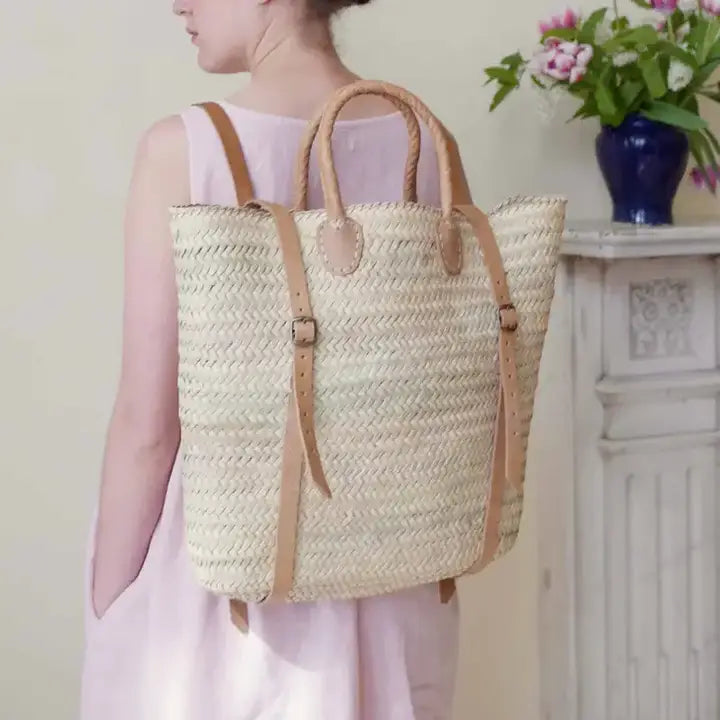Rieten Rugzak / Strandtas met Leren Schouderbanden