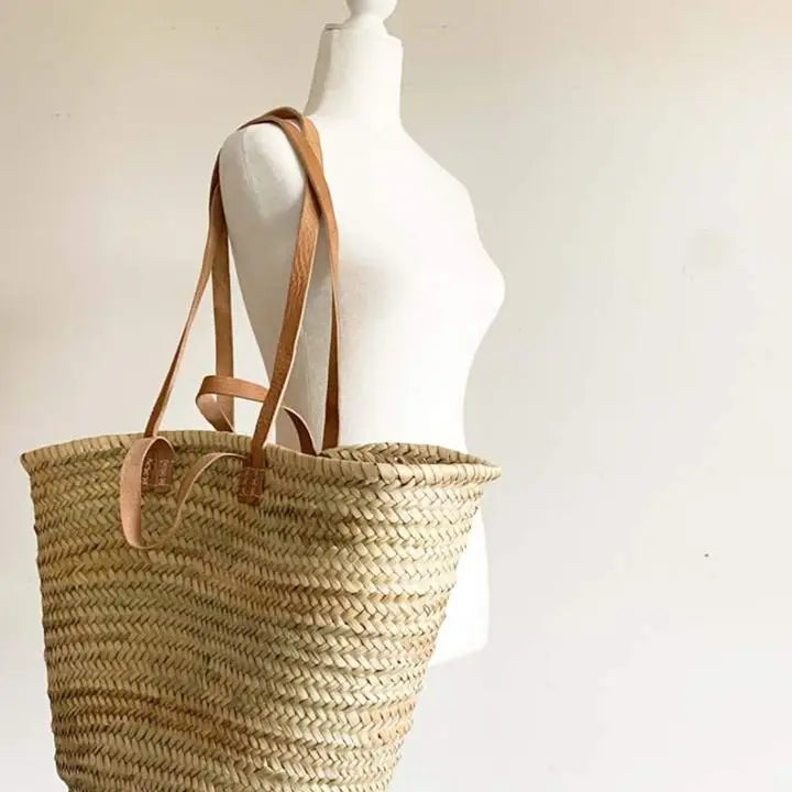 Handgemaakte Rieten Tas met Leren Handvatten