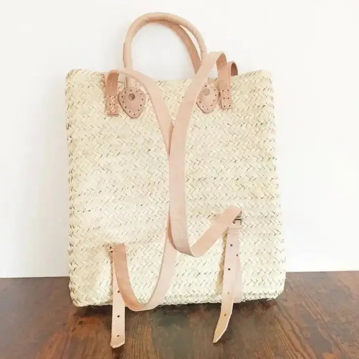 Rieten Rugzak / Strandtas met Leren Schouderbanden